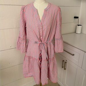 Draper James Pink Blue Stripe Ruffle Dress Size Large Cotton Tie Waist Preppy